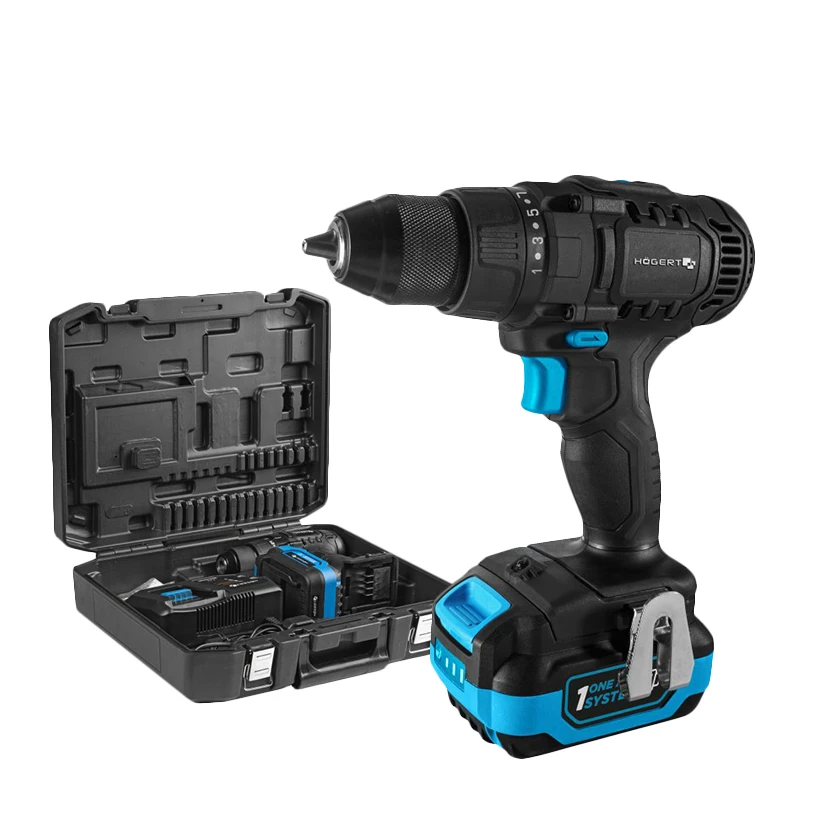 Slika proizvoda: AKU BUŠILICA 50 Nm 18V + BATERIJA 2.0Ah 18V + PUNJAČ 4A 18V + BMC HOGERT HT2E244-B12DD